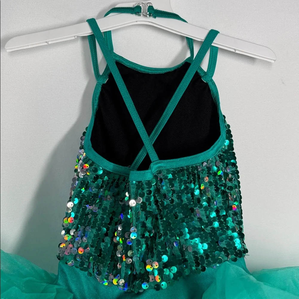 Weissman teal dance costume sequin bodice and a multi-layered tulle poof skirt
